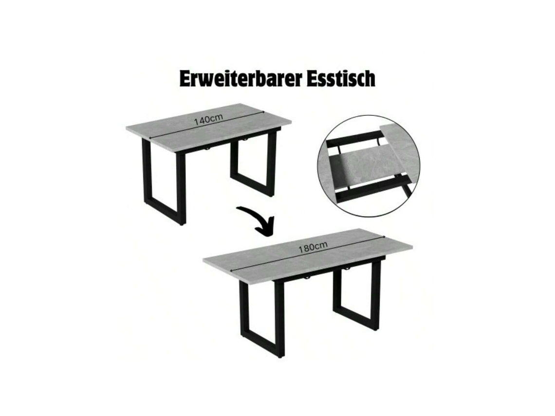 Mesa Extensível 140/180x80x75cm, Retangular, Estilo Industrial, Mdf Marmorizado, Pernas Pretas Hvorstur