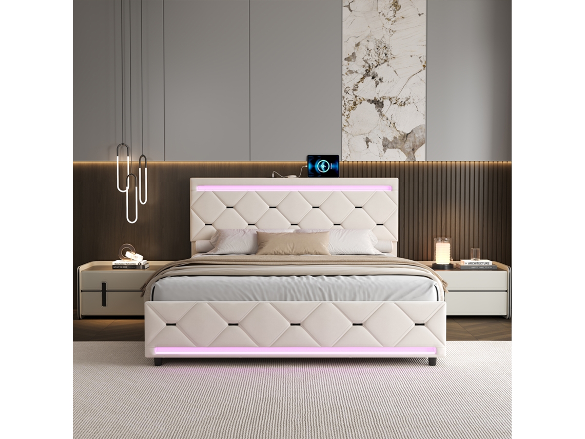 Cama De Casal 140 X 200 Cm, Com 4 Gavetas, Estofada Com Led E Porta De Carregamento, Tamanho King, Cama Funcional, Veludo Bege Rosahqnda