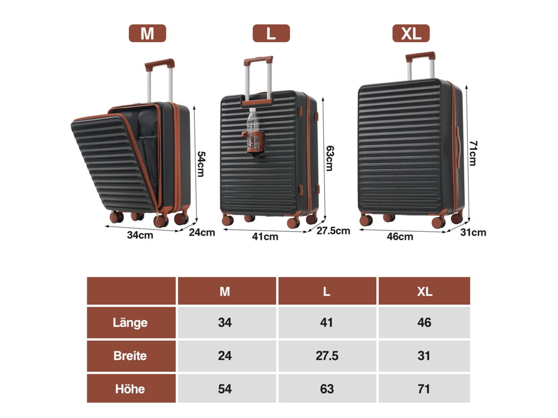 Conjunto De Malas 3 Peças Abs Preto Antigo 20 24 28 Design Inovador Rodas 360° Cadeado Tsa Suporte Para Bebidas Mega Echo Trade Shop