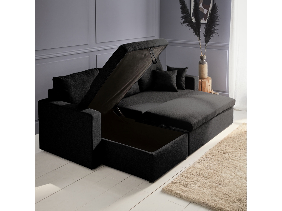 Sofá-Cama De Canto Em Tecido Preto Com Caixa De Arrumação SWEEEK (219 x 84 x 68 cm)
