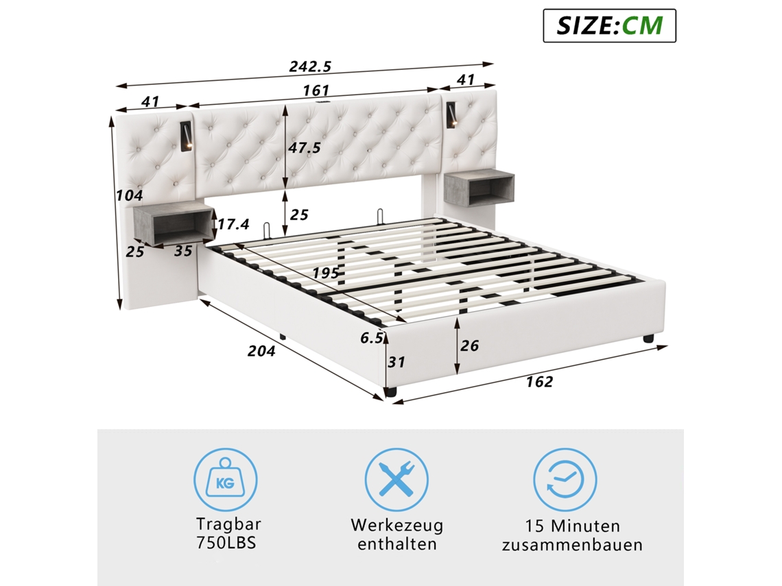 Cama 160 X 200 Cm Com Cabeceira, Luz De Leitura E Usb, Cama Com Arrumação E 2 Mesas De Cabeceira, Cama Com Estrado De Ripas, Veludo