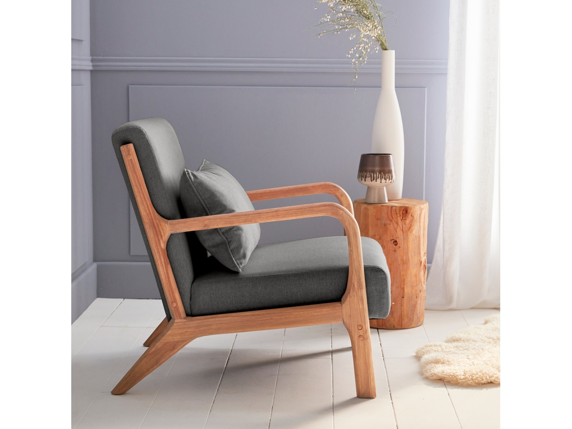 Cadeirão de Design Cinzento-Escuro em Madeira e Tecido com Pernas de Bússola Escandinavas Lorens