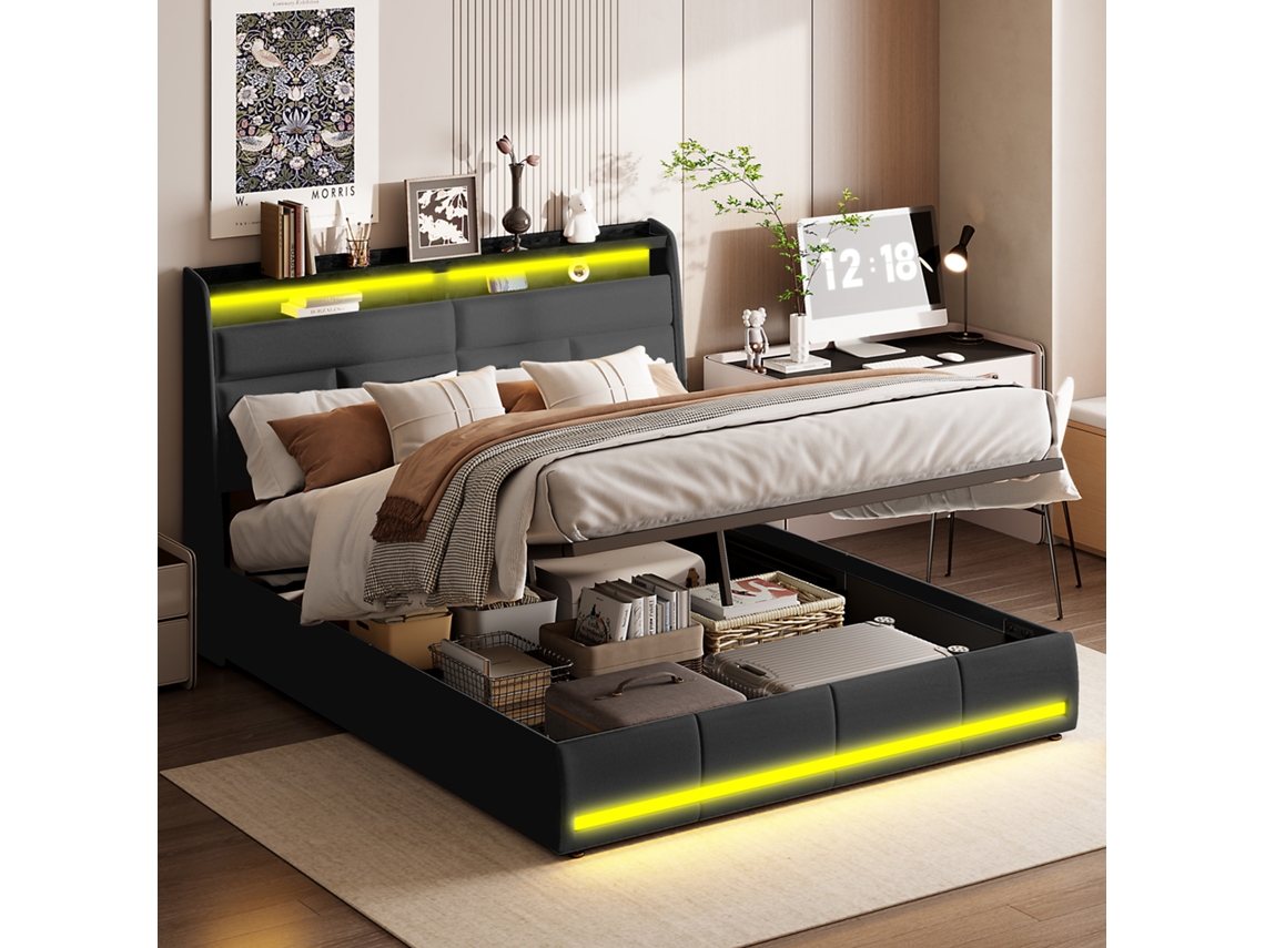 Cama Led Moderna 160x200cm, Com Arrumação Hidráulica, Cama De Casal Com Portas Usb E Led, Estrado De Ripas, Pu, ​​preto, Sem Colchão Rosahqnda