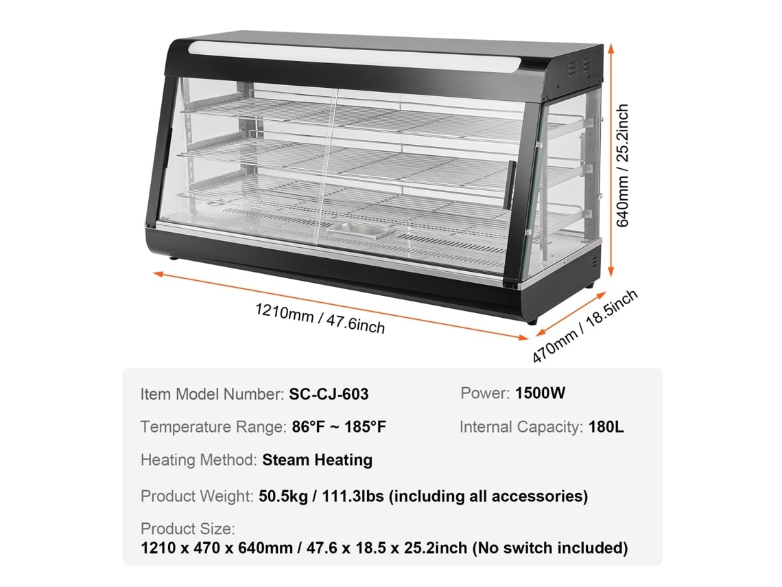 Aquecedor Comercial de Alimentos com Luz 3 Níveis 1210 X 470 X 640 Mm VEVOR