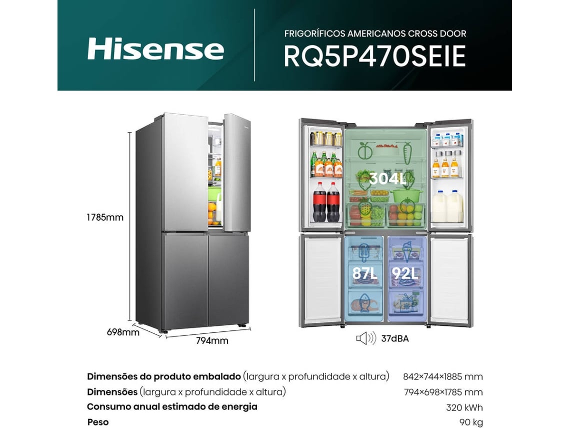 Frigorífico Americano HISENSE RQ5P470SEIE (No Frost - 178.5 cm - 483 L - Cinzento)