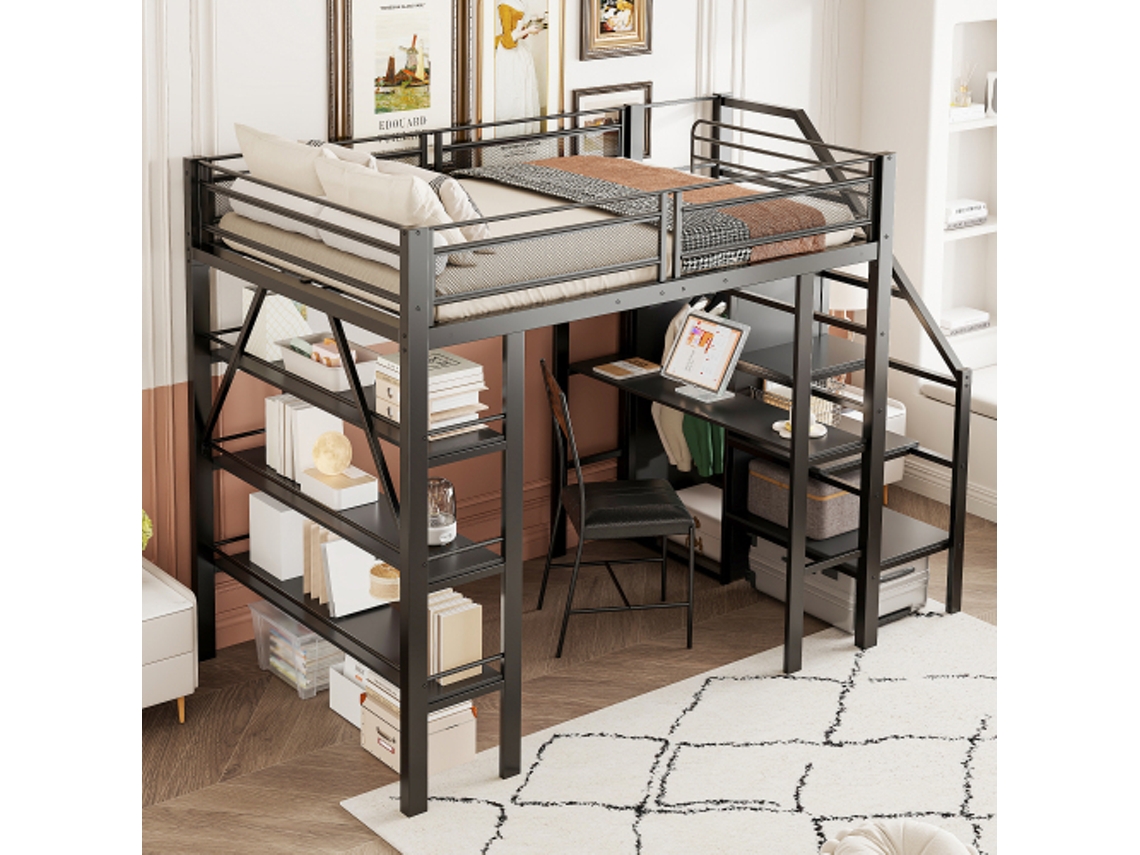 Cama Alta 140200 Cm, Prateleira De Armazenamento De Três Camadas, Escrivaninha, Guarda-roupa, Degraus De Segurança Com Compartimento De Armazenament