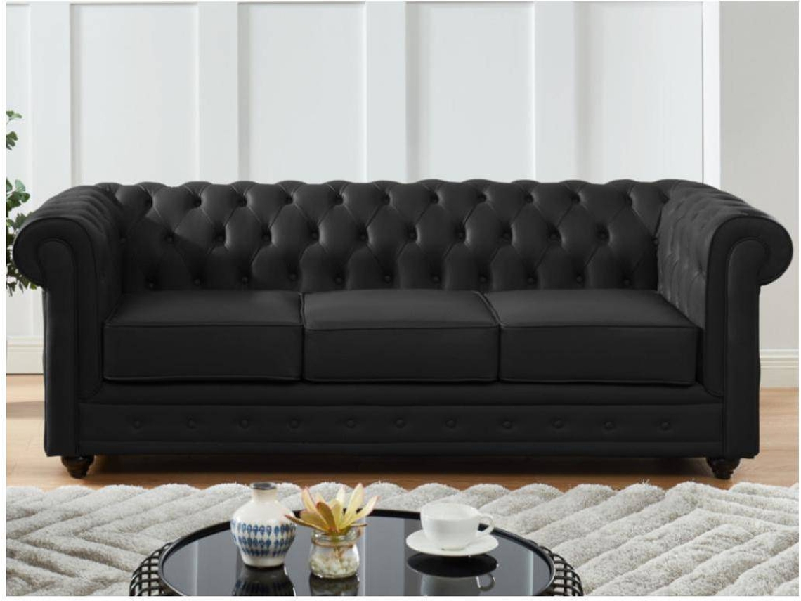Sofá Fixo Chesterfield VENTE-UNIQUE (Preto - Pele - 205x88x72 cm)