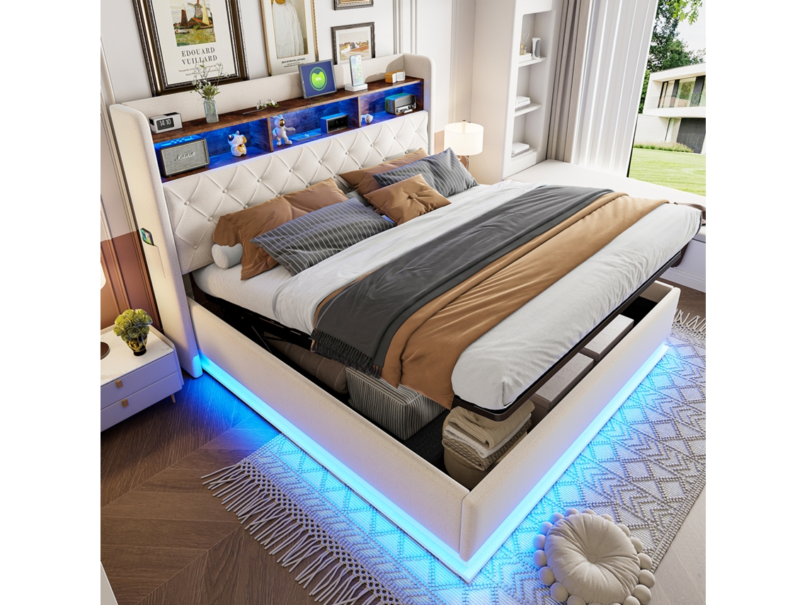 Cama Casal Estofada Led Usb Armazenamento Hidráulico Tecido Linho Bege (180x200cm)