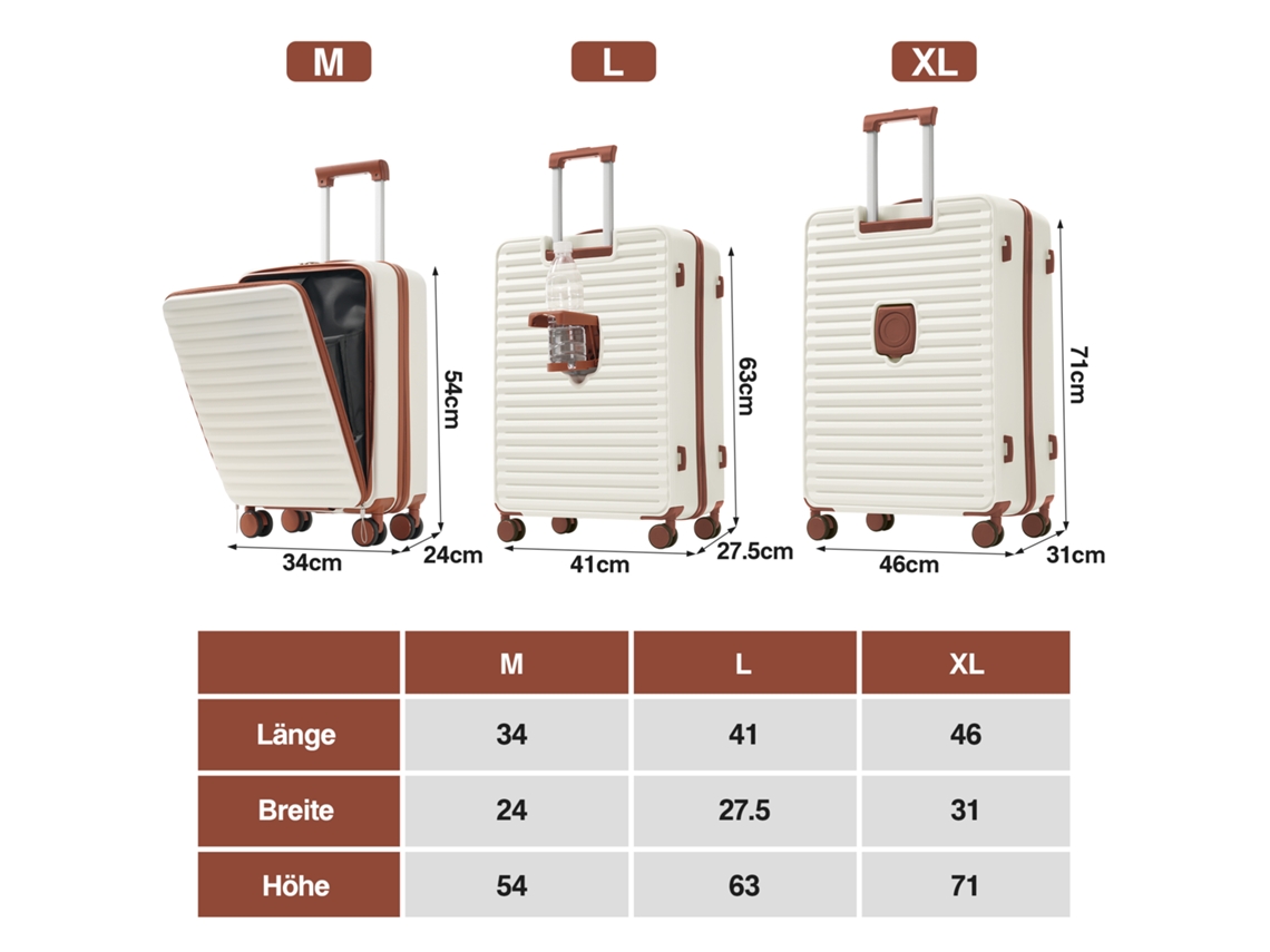 Conjunto De Malas Três Peças Inovador Abertura Frontal Suporte Bebidas Dobrável Abs Fechadura Tsa Rodas 360 Branco Antigo Mega Echo Trade Shop