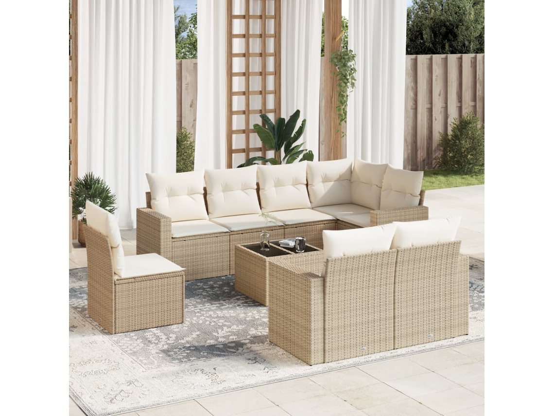 Conjunto 9 de sofás p/ jardim com almofadões vime PE bege