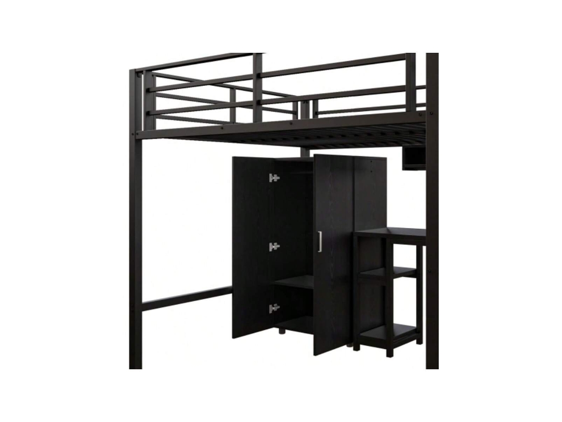 Cama Loft 140x200cm Com Armário, Secretária, Escada Com Arrumação E Prateleiras, Preta, Sem Colchão