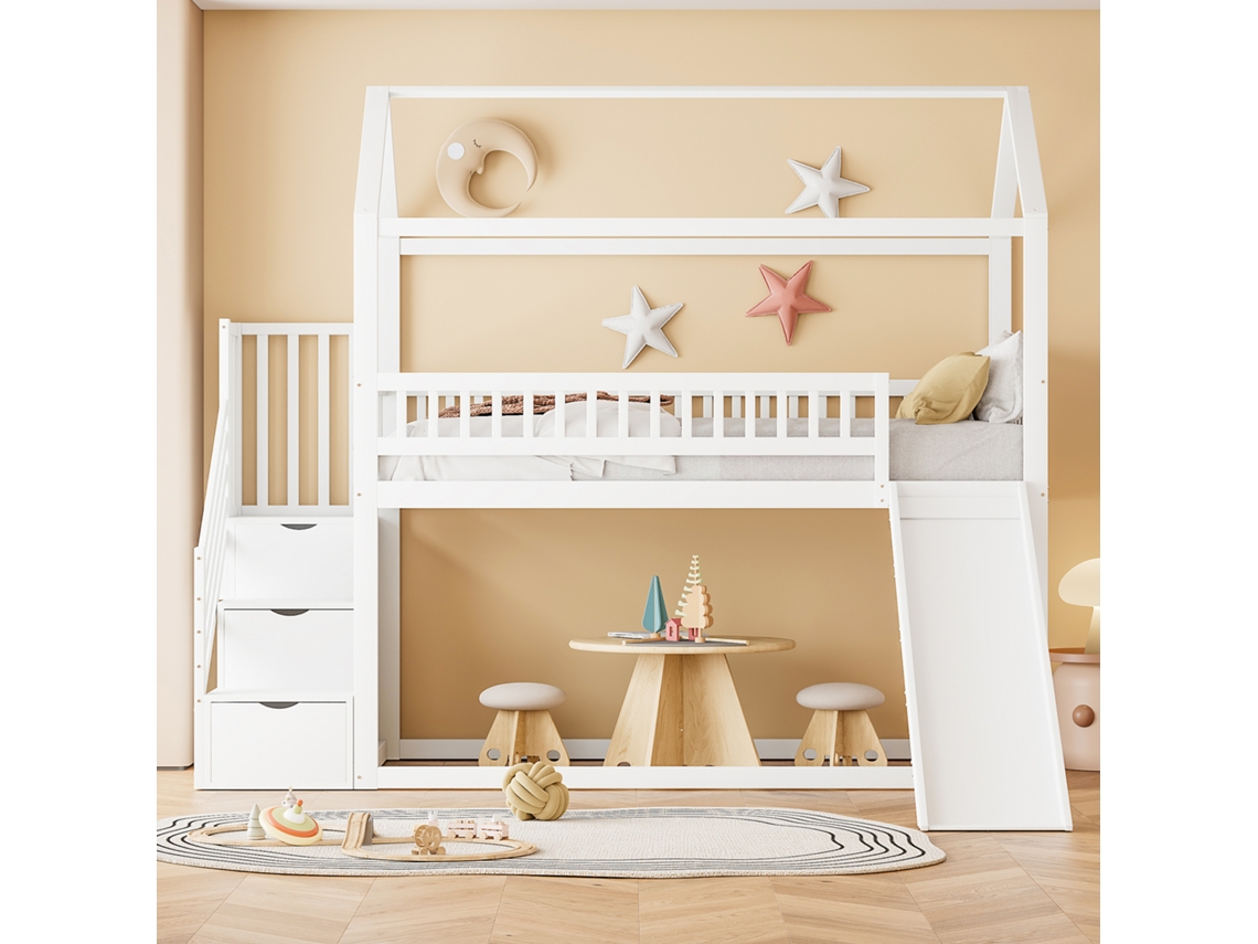 Cama Infantil 90x200 Cm Com Escada E Armazenamento, Estrutura De Madeira Maciã§a, Branco Haochrymec (253 X 95 X 206.7 Cm)