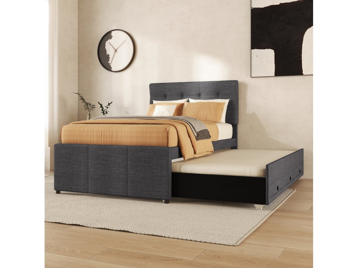 Cama Estofada, 90x200cm (90x190cm), Cama Familiar, Cama Com Três Gavetas, Cama De Rodízio Extensível, Cabeceira Ajustável, Sem Colchão, Cinza