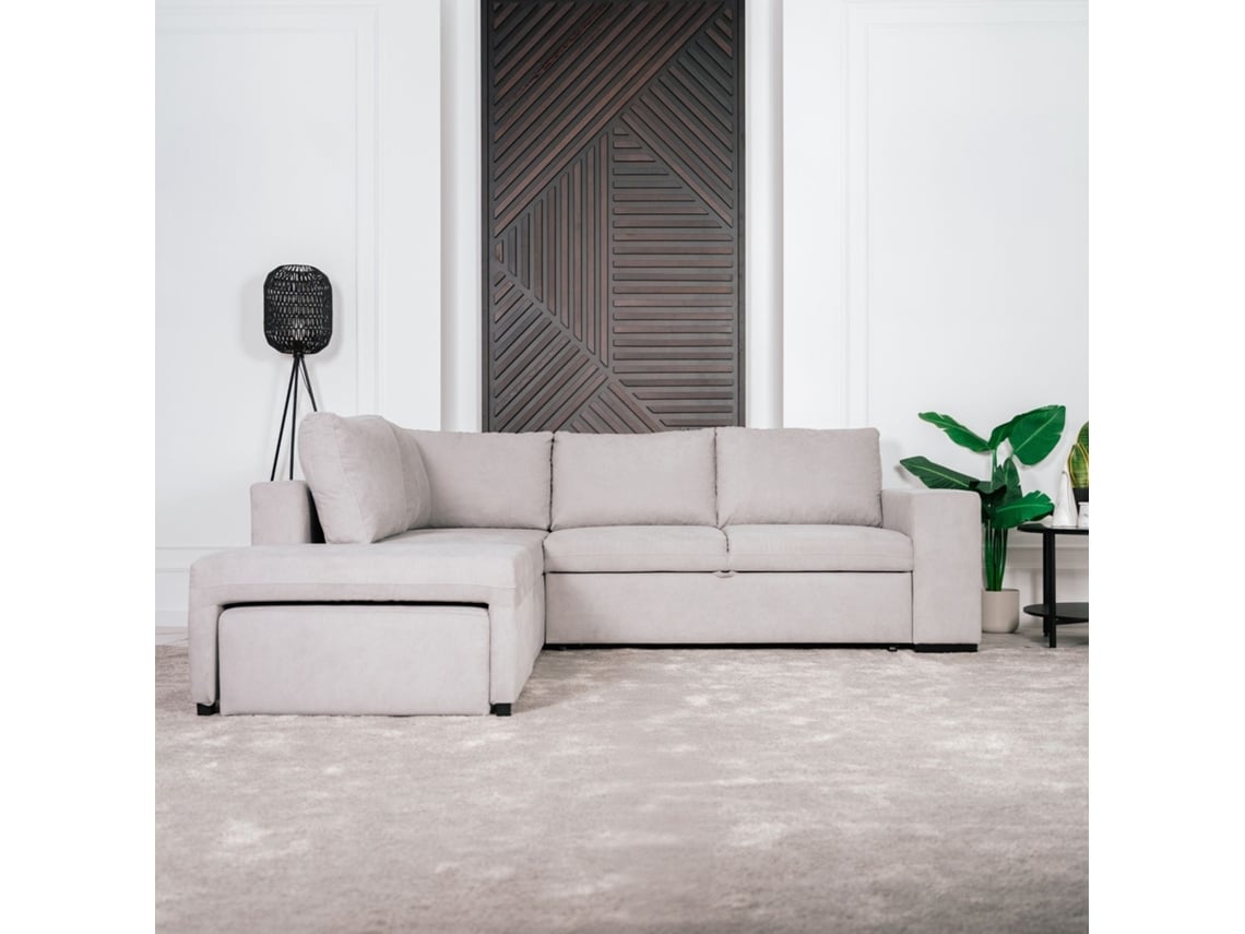 Sofá Cama 4 Lugares BUDWING Zurie Cinza + Chaise c/Arrumação Integrada + Pufe (248,5 x 120 x 86 cm - Reversível Lado Direito/Esquerdo)