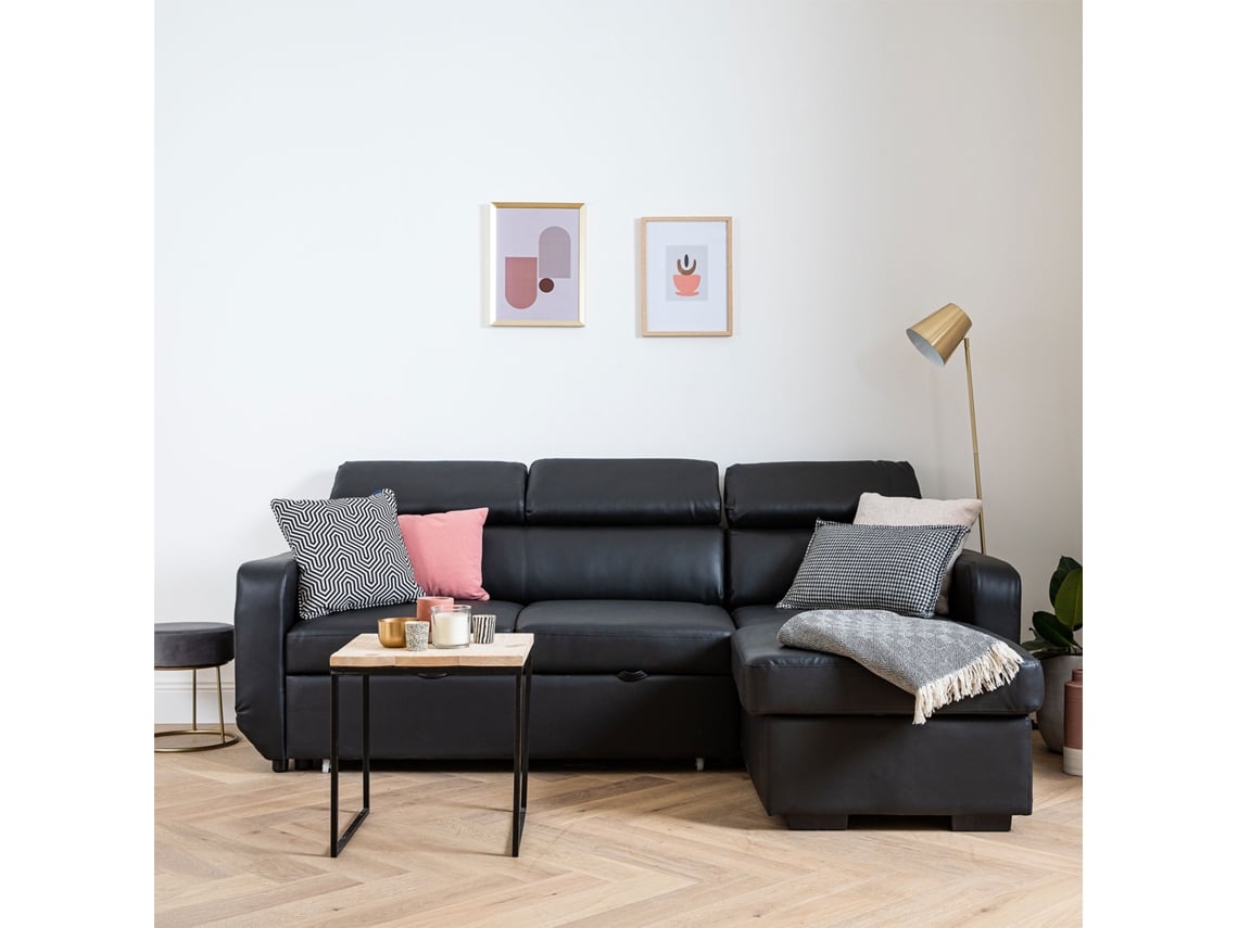 Sofá-Cama Esquinero de 3 Lugares Warren em Polipele Preta (236 x 168 x 96cm)
