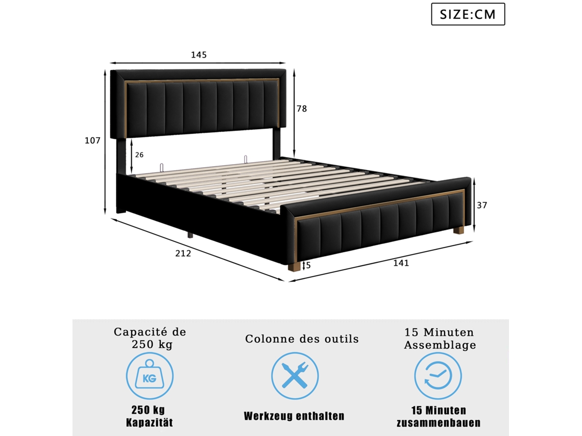 Cama Estofada 140 X 200 Cm Cama De Casal Com Rebordo Em Fibra Dourada, Cama Com Arrumação Hidráulica, Estrutura De Cama Para Adultos, Veludo