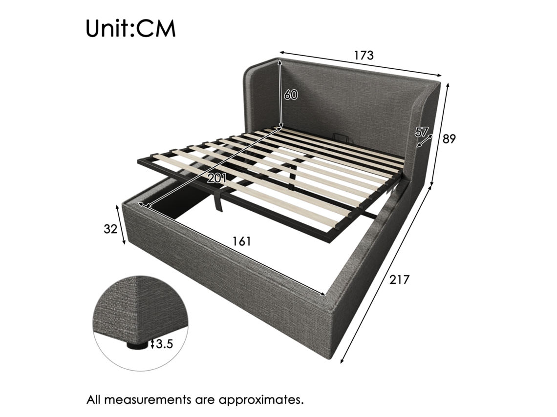Cama Casal Hidráulica Cinza Laterais Largas Arrumação Estrado Ripado Linho C/ Colchão (160x200cm)