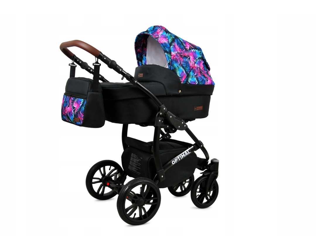 Carrinho De Bebé Multifuncional Babylux Optimal 4 Em 1 -colorful Feathers Black Frame - Ajustável E Dobrável Construção Leve Em Alumínio - Acessórios