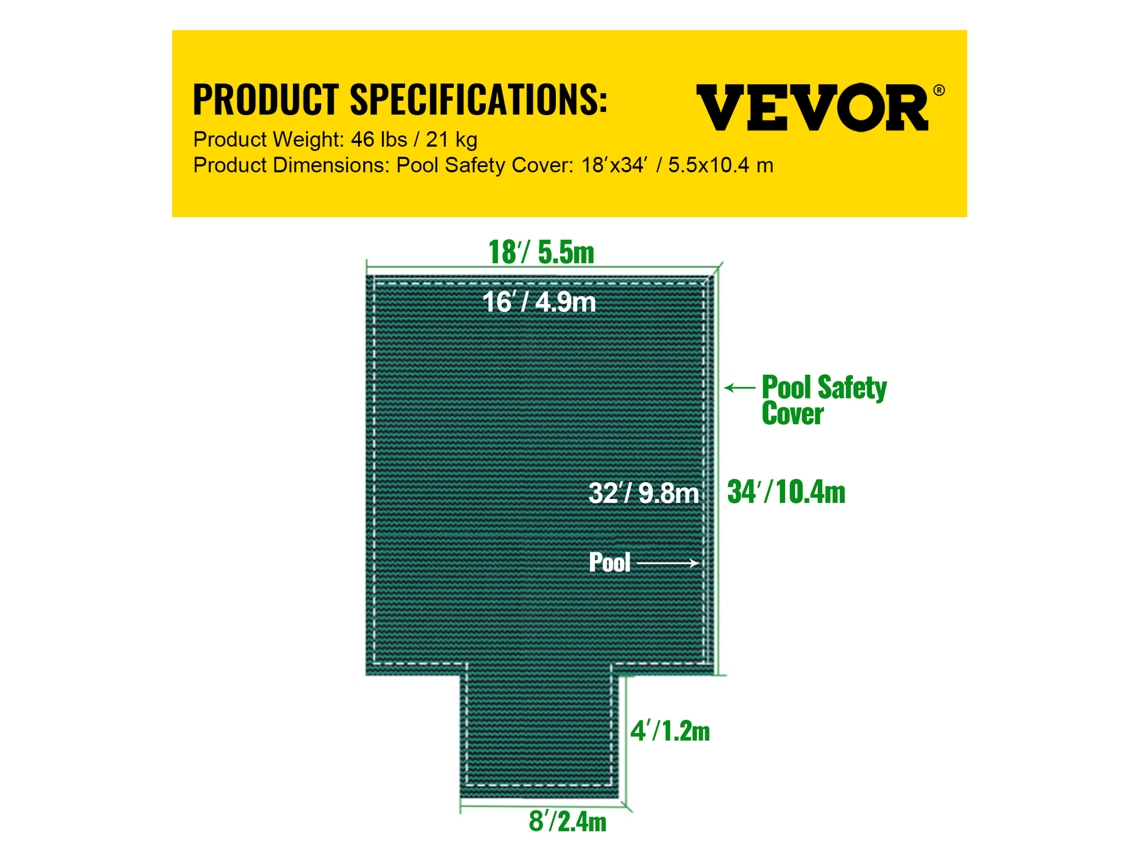 Cobertura Retangular de Segurança para Piscina 16X32 Ft Green Step Section 4X8 Ft Winter Outdoor VEVOR
