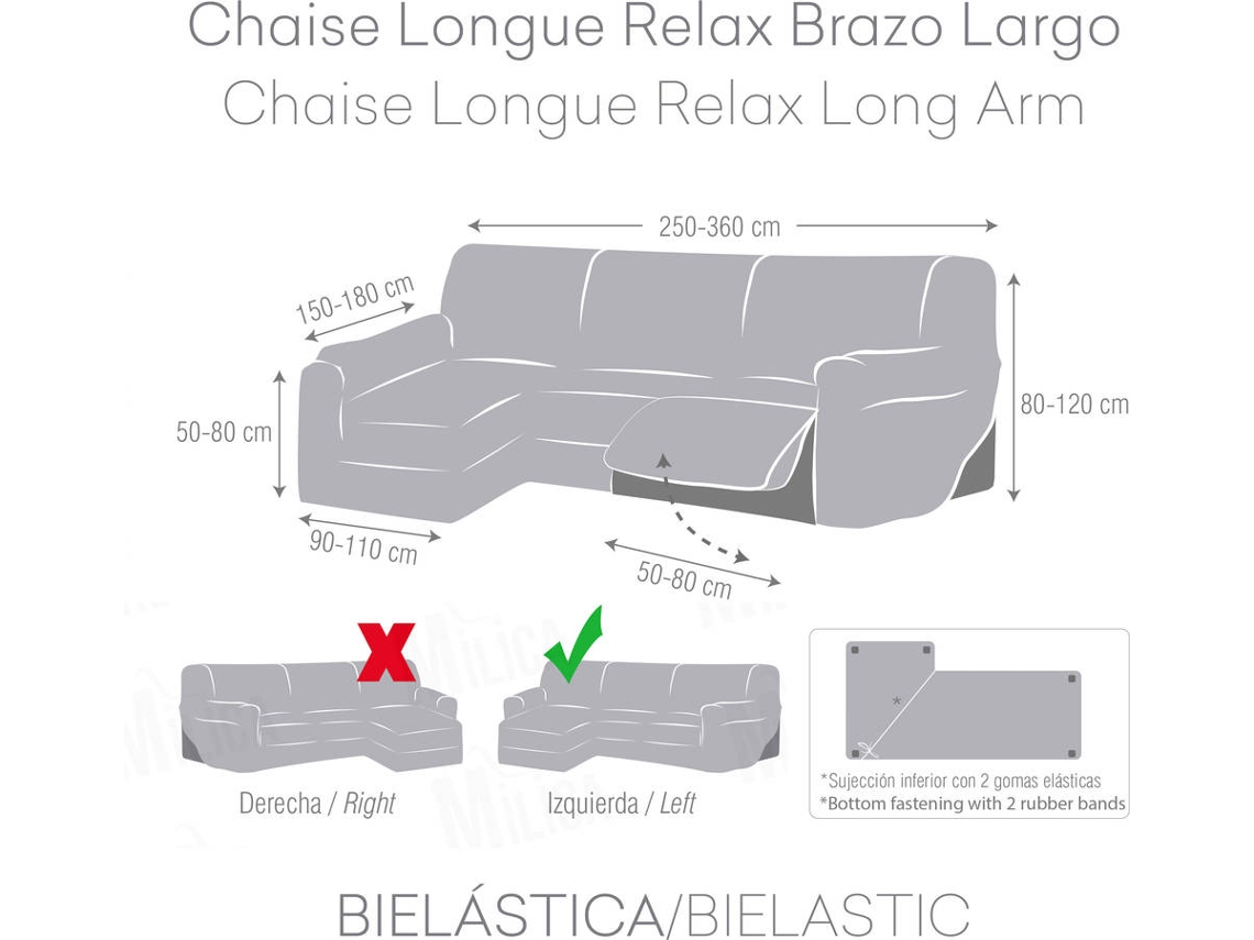 Capa Tecido Elástico para Sofá Chaise Longue Relax em Forma de L MILICA Assentos Reclináveis e Orientação Esquerda Spongy Cinza