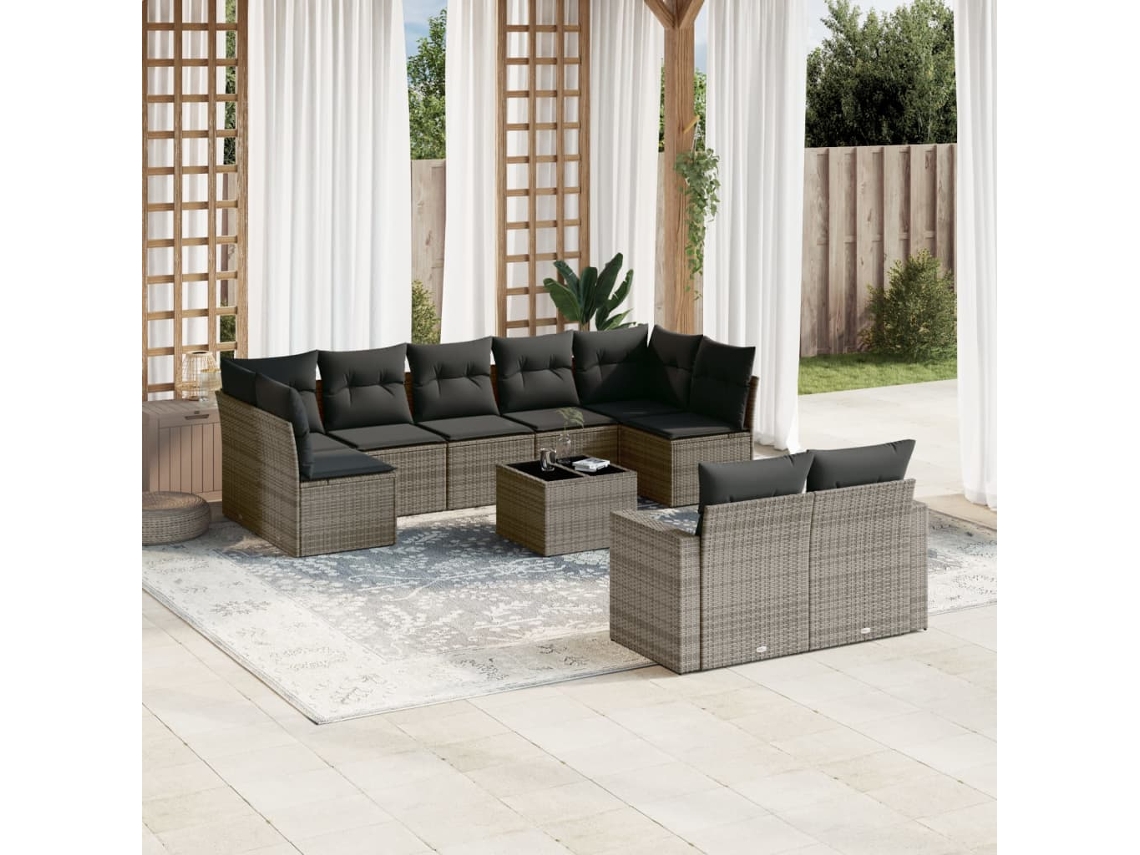 Conjunto 10 sofás de jardim c/ almofadões VIDAXL vime PE cinzento