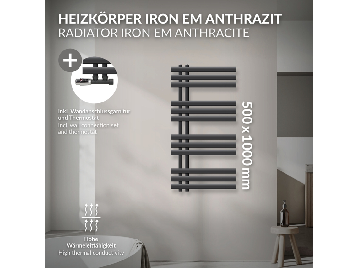 Radiador De Casa De Banho De Ligação Central 500x1000 Mm Antracite Luxebath