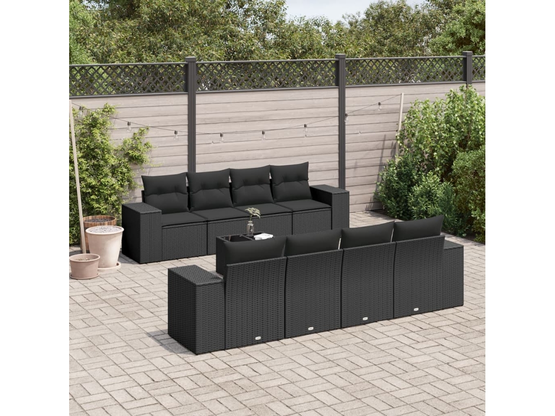 Conjunto 9 de sofás p/ jardim c/ almofadões vime PE preto