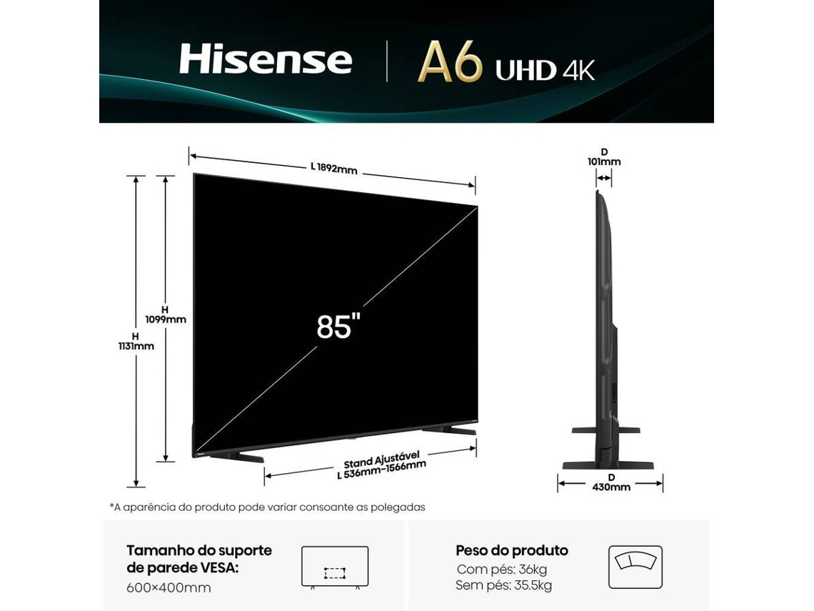 TV HISENSE 85A6Q (LED - 85'' - 215 cm - 4k Ultra HD - Smart TV)