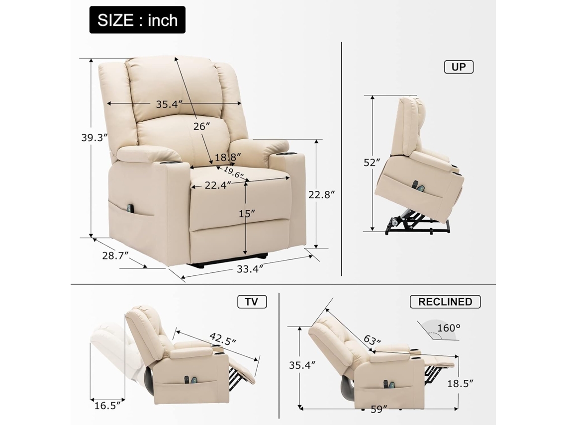 Poltrona COMHOMA Eléctrica Reclinável de Massagem Relaxante (em Pele -  Branco)