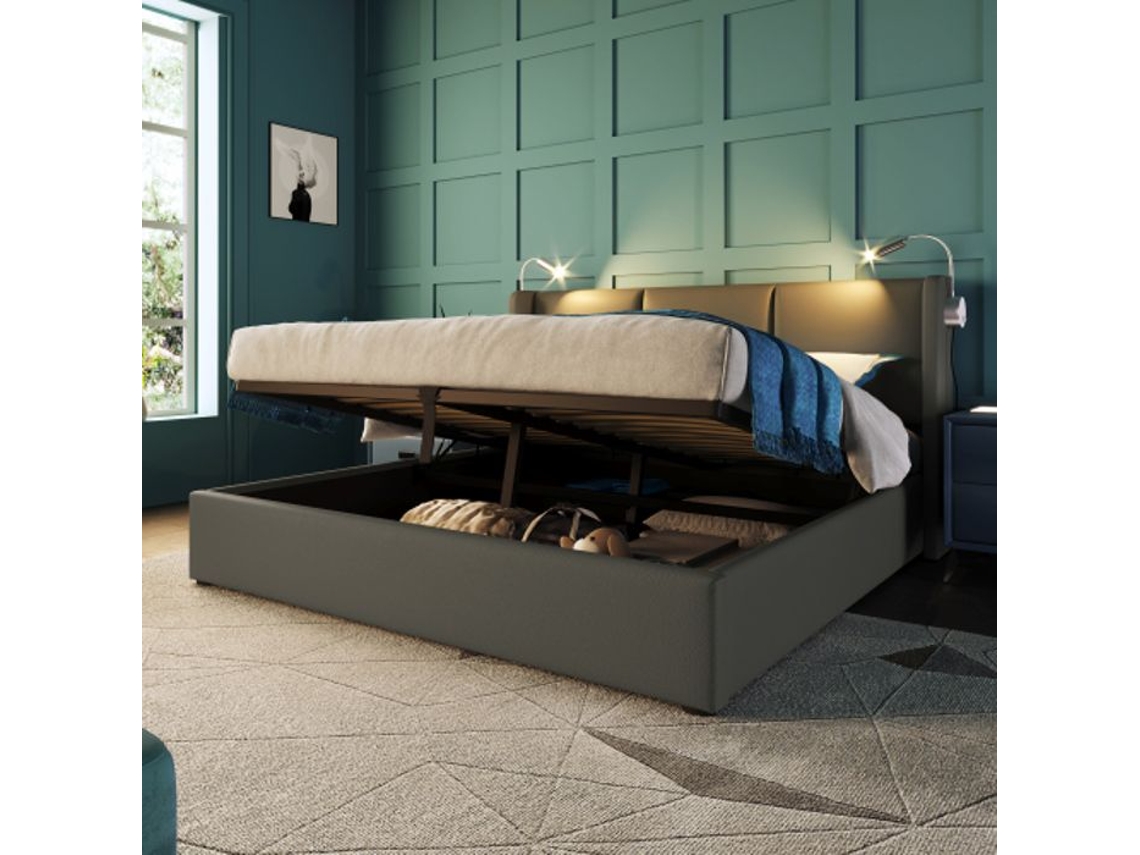 Cama De Casal Capitonada Com Gaveta De Leitura E Função De Carregamento Pu Estrutura Da Cama Com Estrado (com Colchão) 160x200