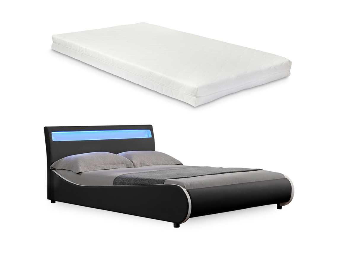 Cama de Casal CORIUM (221 x 149 x 83 cm - Couro Sintético - Preto)