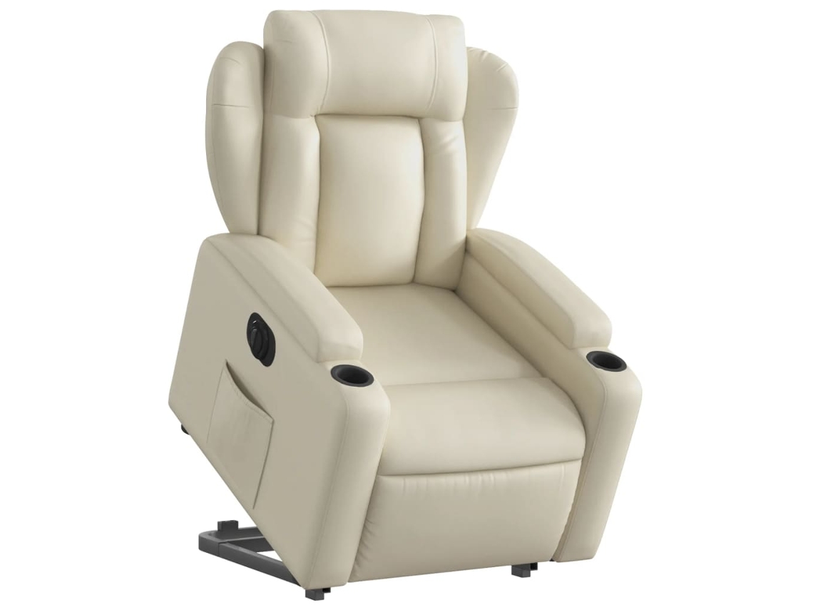 Poltrona reclinável elevatória elétrica couro artificial creme