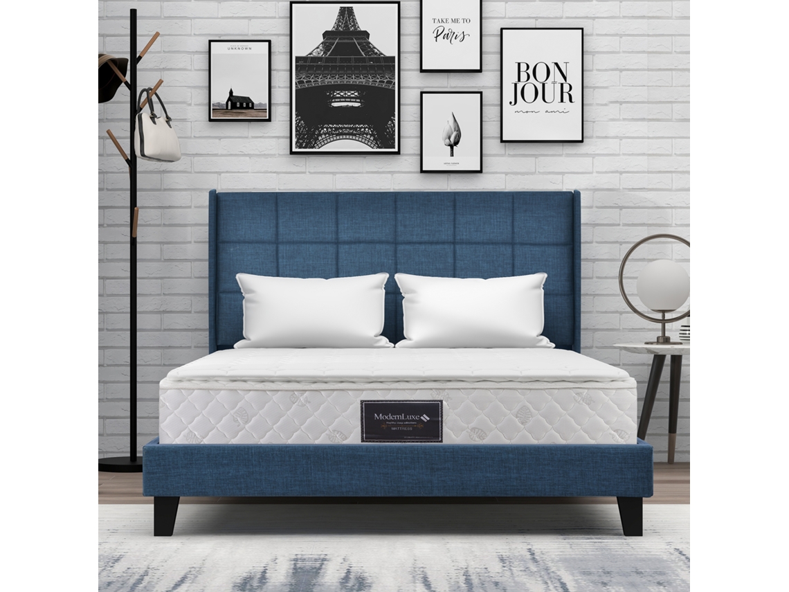 Cama Casal Estofada 140x200cm, Cabeceira Azul Linho, Ripas Madeira, Firmeza Média (com Colchão)