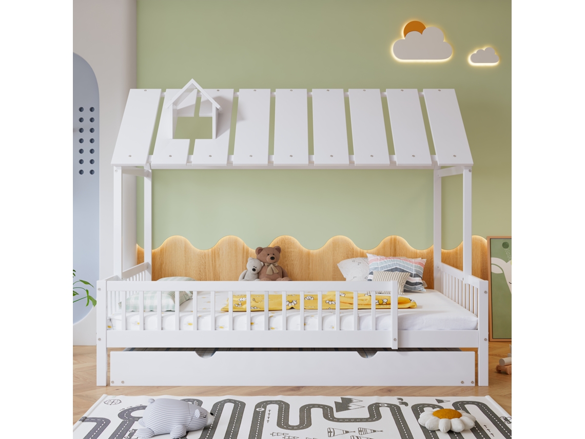 Cama Casa Rodízio Teto Faixa Chaminé Juvenil Barras Pangshiyuan Madeira Branco (120x200)