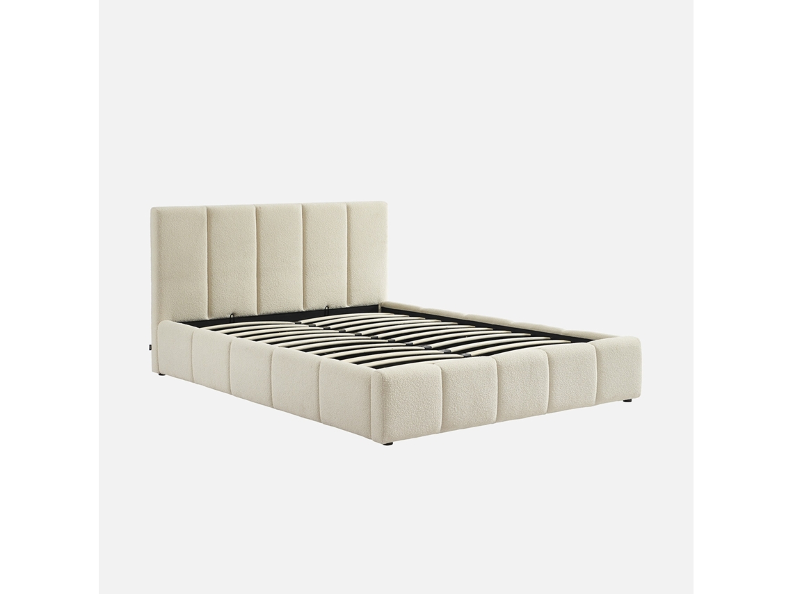 Cama Baú Com Estrado De Ripas E Cabeceira 140cm, Acabamento Bouclé , Branco