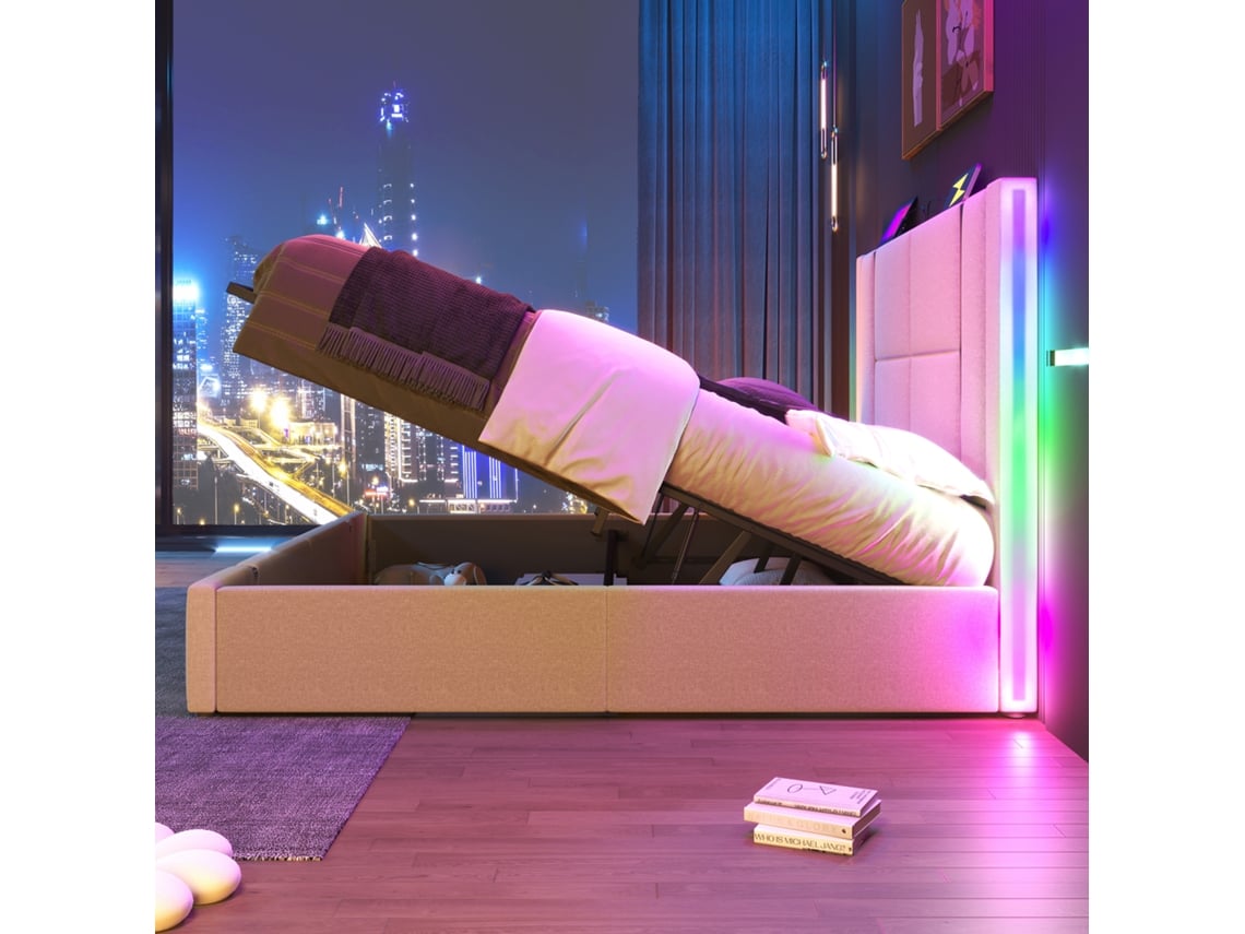 Cama Estofada Cama De Casal Usb Tipo C App-control Led 140×200 Camas De Armazenamento Estrutura De Cama, Roupa De Cama Bege Material Sem Colchão