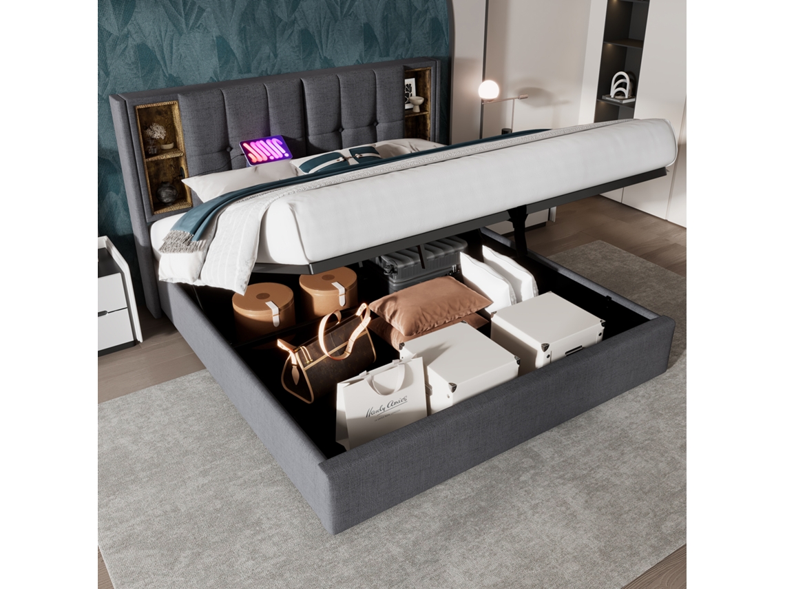 Cama Casal Com Carregamento Sem Fio Usb C, Estrutura 180x200cm Com Armazenamento E Suporte De Madeira - Cinza Algodão (sem Colchão)