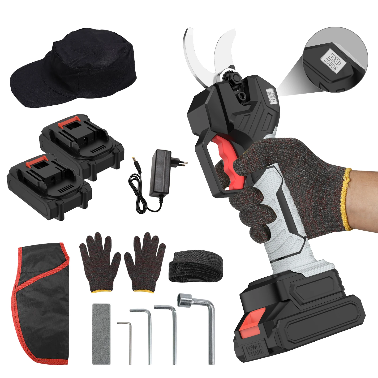 Tesoura De Poda Elétrica Bateria 21v Lâmina Aço Carbono 2 Baterias Oem