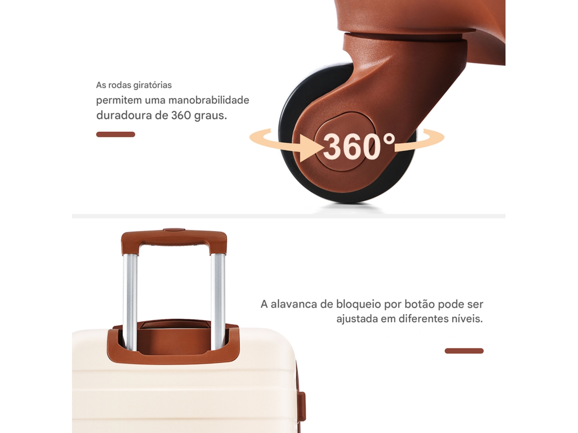 Conjunto De Malas, Tamanhos ML Xl, Malas Rígidas Em Abs, Duráveis, Com Rodas Giratórias E Zíper, Com Necessaire, Nas Cores Marfim E Marrom.