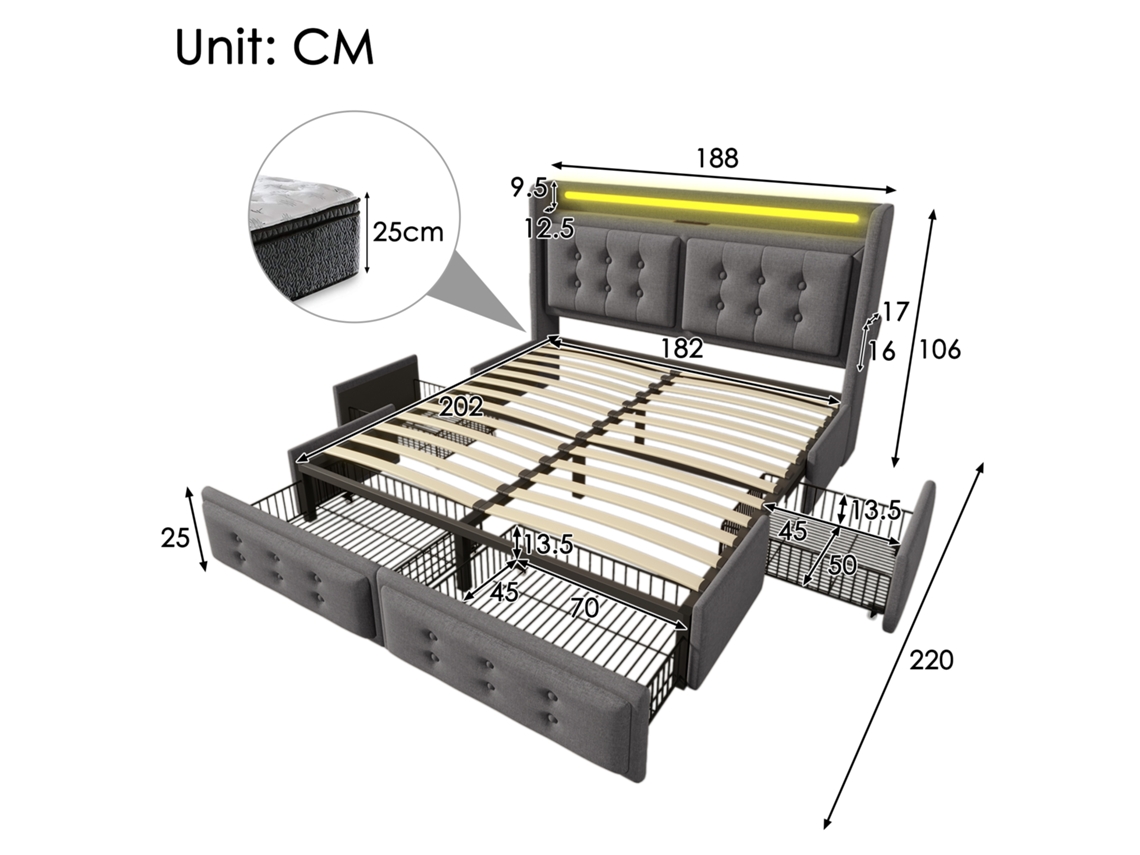 Cama Estofada 180x200, Cama De Casal Com Cabeceira Led E Usb C E 4 Gavetas, Camas De Armazenamento, Cinza, Sem Colchão