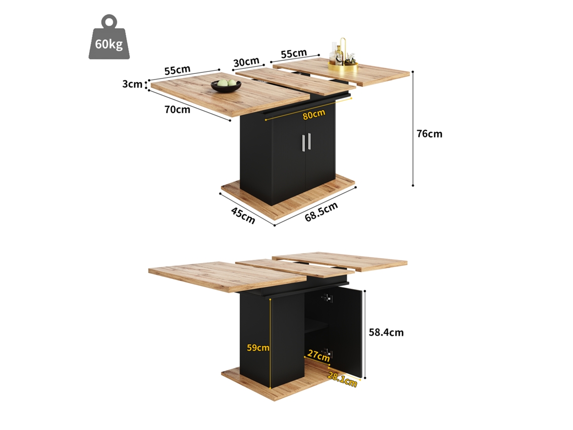 Mesa De Jantar Extensível Telescópica 140x70cm Com Prateleiras, Mesa De Cozinha Economizadora De Espaço, Estilo Natural E Preto Mega Echo Trade Shop