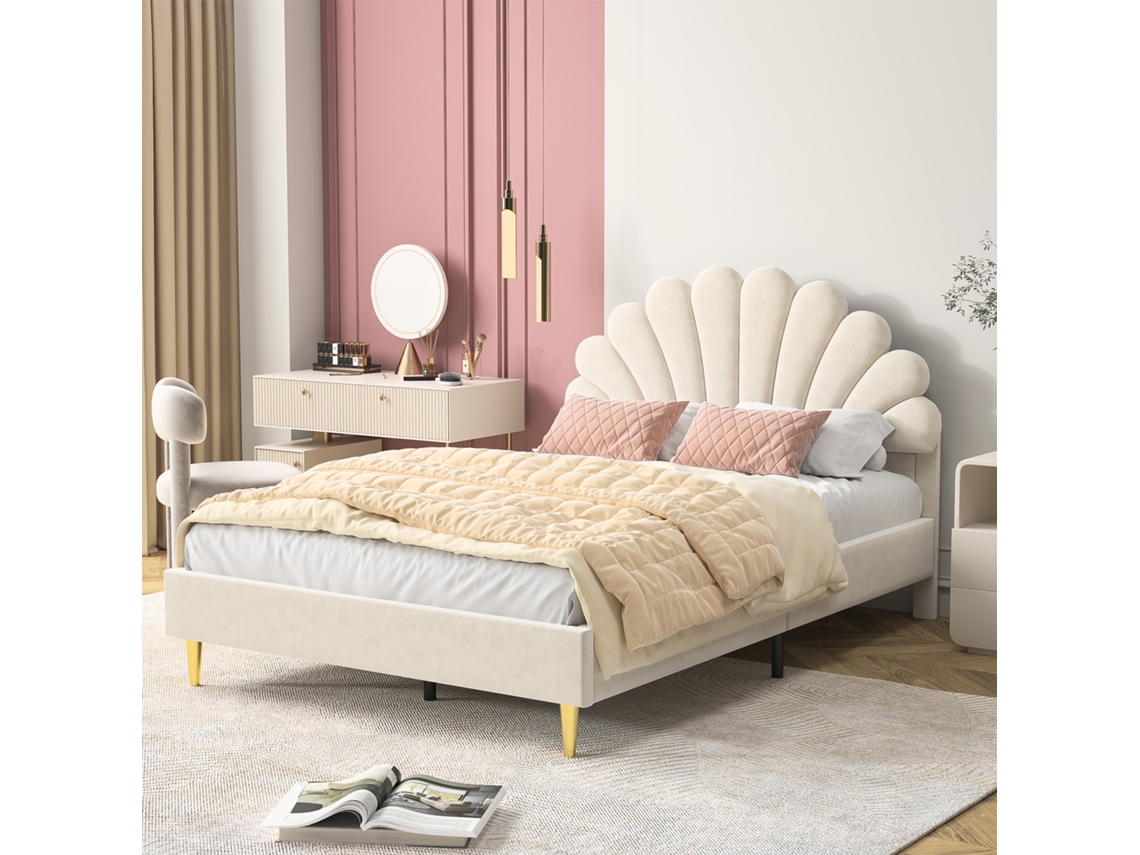 Cama Estofada,cama Infantil,cama Juvenil,140x200cm,cama De Casal Com Led Em Forma De Pétala,com Cabeceira Regulável Em Altura,veludo,branco Rosa