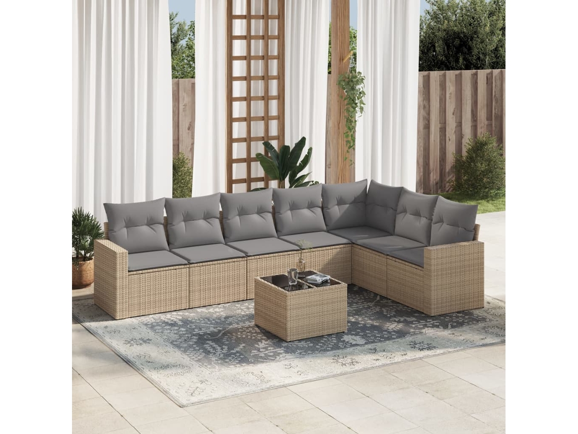 Conjunto 8 de sofás p/ jardim VIDAXL com almofadões vime PE bege