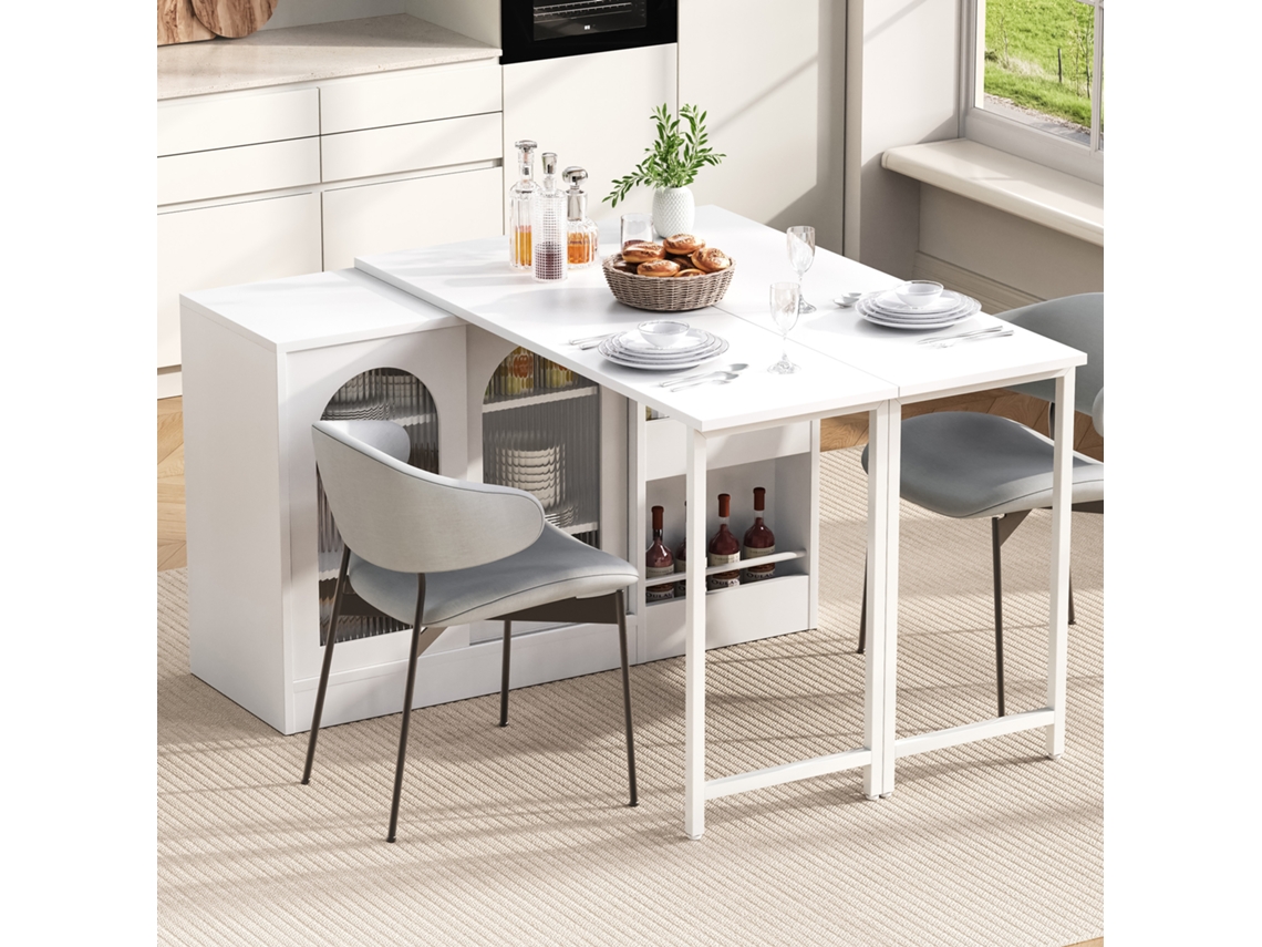 Mesa Bar Moderna Branca 360° Giratória E Ajustável, Bartable Extensível Com Espaço De Arrumação E Armário Em Vidro Sini Tech Store