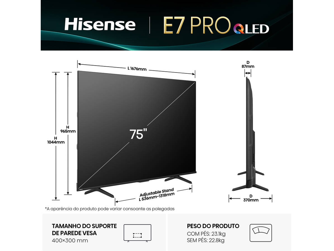 TV HISENSE 75E7Q PRO (QLED 144 Hz - 75'' - 189 cm - 4k Ultra HD - Smart TV)
