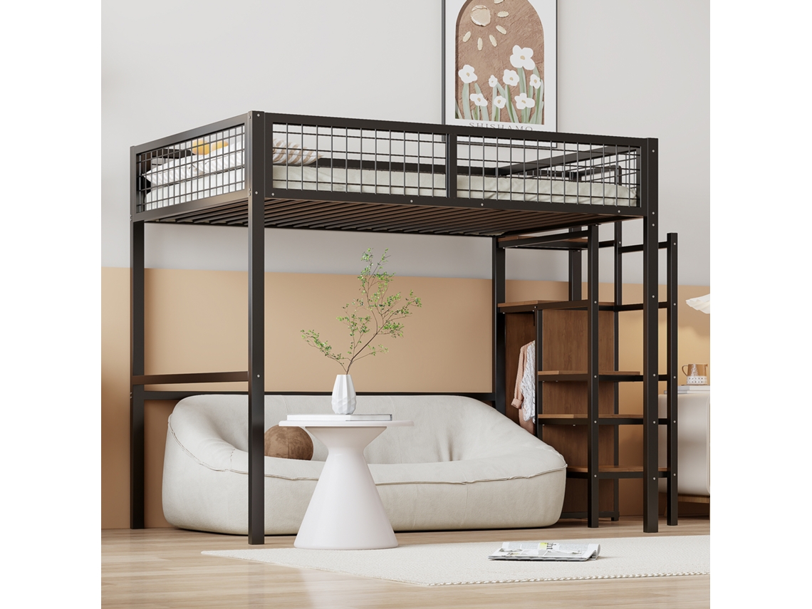 Cama Alta Escada Armazenamento Pangshiyuan Ferro Metal Preto (140x200)