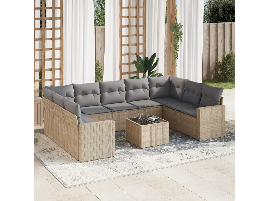 Conjunto 10 de sofás p/ jardim com almofadões VIDAXL vime PE bege