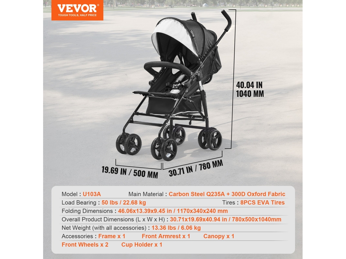 Carrinho Dobrável Leve e Compacto Preto e Branco 780 x 500 x 1040 mm VEVOR