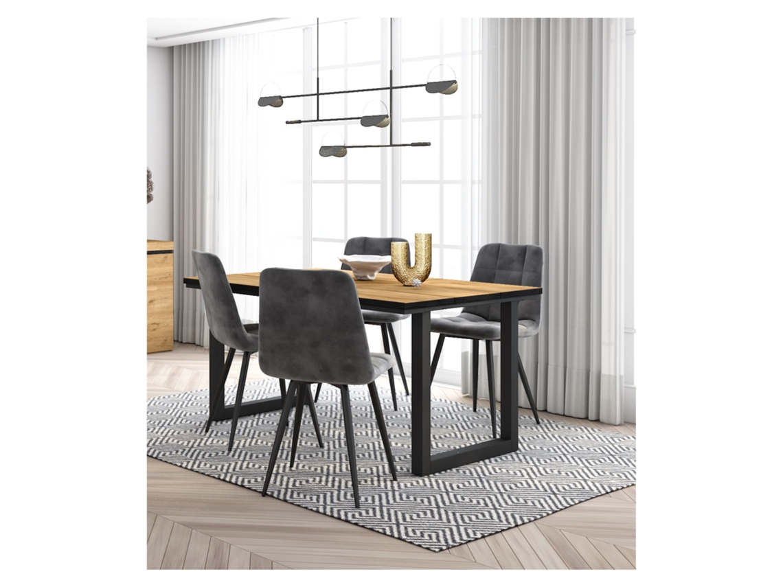Conjunto Móveis Mesa de Sala de Jantar 140 Oak e Preta Industrial Mesa Jantar Conjunto de 4 Cadeiras de Jantar Cadeira Estofada DUERMETE ONLINE