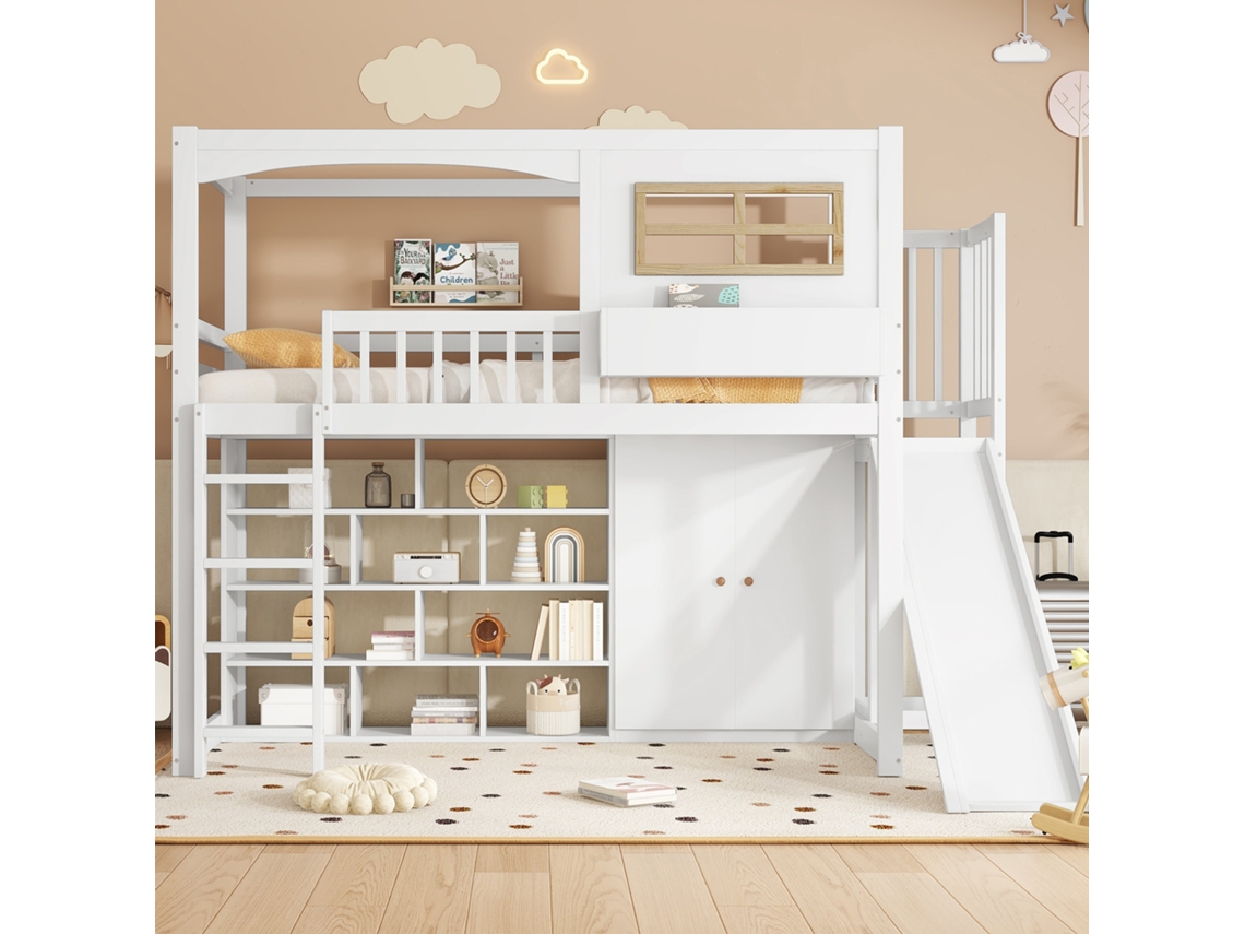 Cama Alta Prateleiras Escorrega Mobrio Madeira Mdf Branco (90x200)